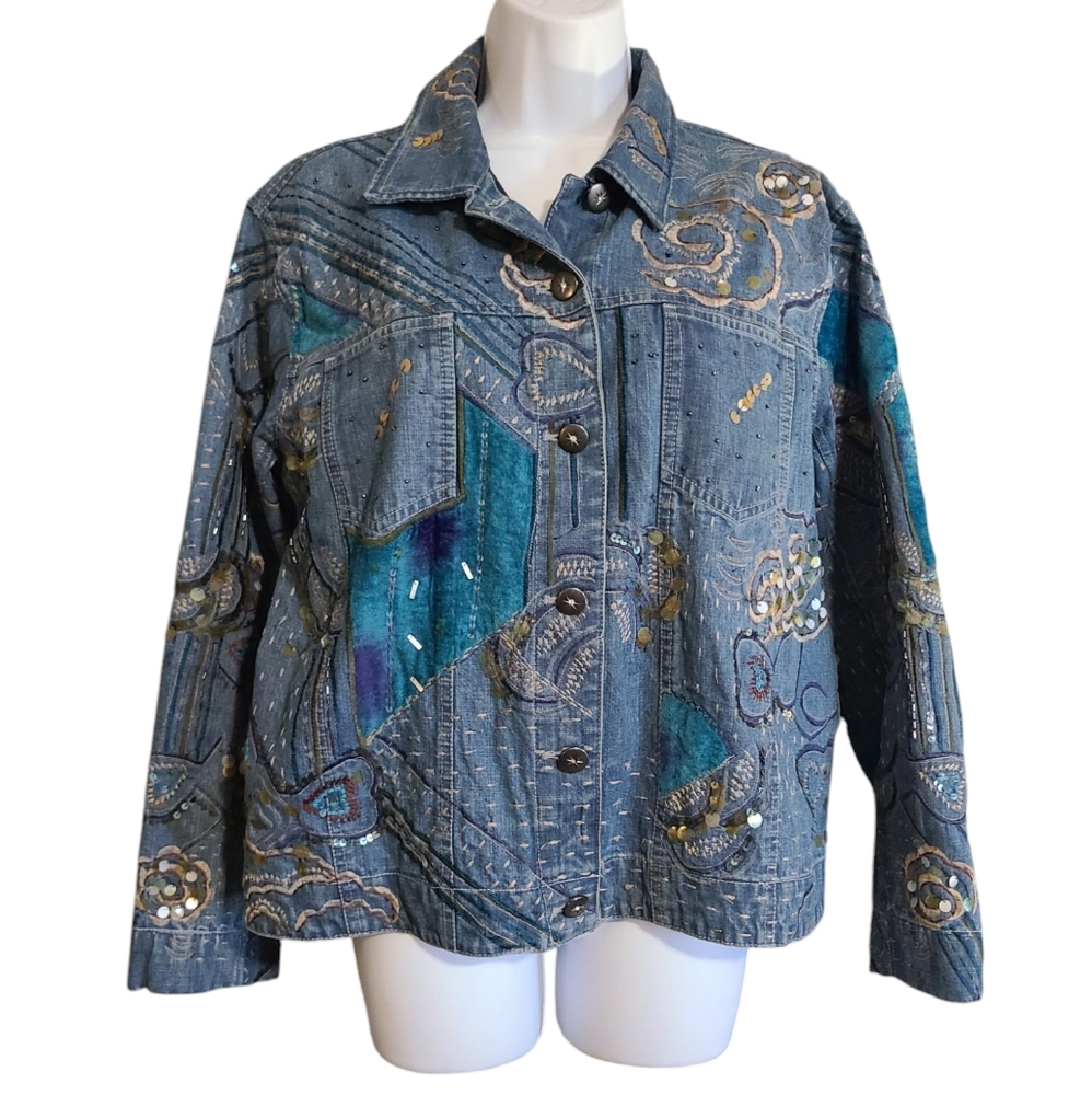 Chico's Blue and Gold Embellished Jean Jacket